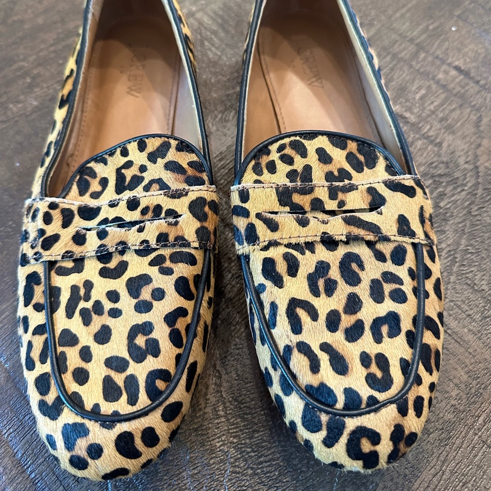 I. crew leopard cheetah calf hair loafers 7.5